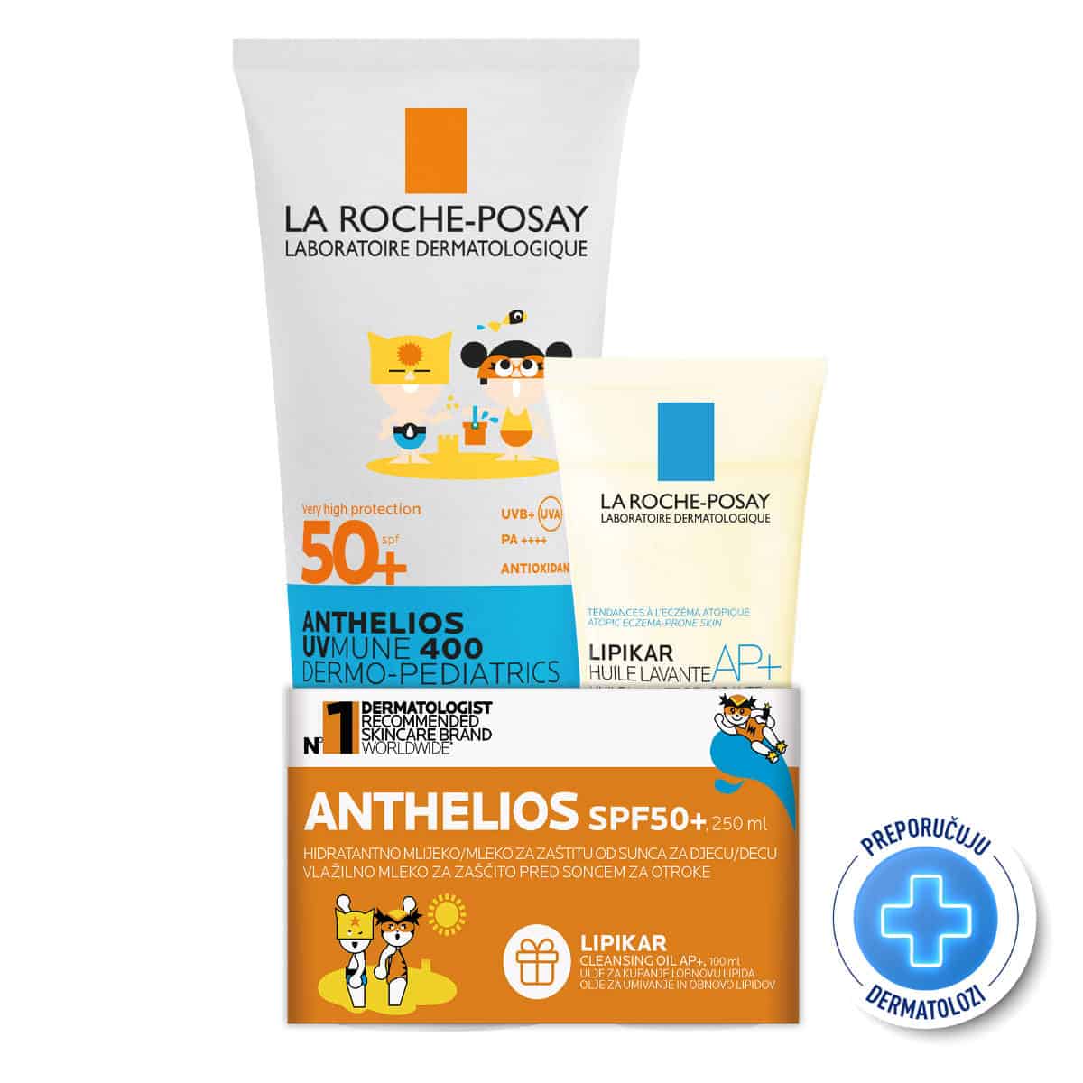 La Roche-Posay Anthelios Dermo-Pediatrics hidrantno mlijeko za zaštitu od sunca za djecu SPF 50+ 250 ml + La Roche-Posay Lipikar Cleansing Oil AP+ 100 ml SET